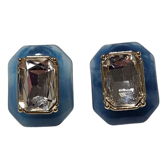 Vintage Blue Gold Tone Rhinestone Square Drop Earrings Retro 60s Fashion Jewelry - Picture 1 of 4